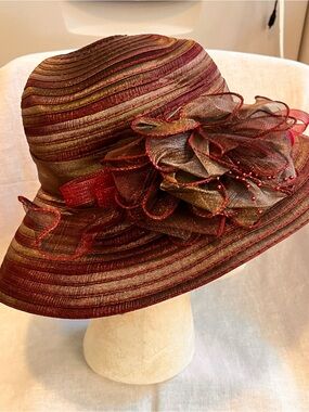Women's Red and Bronze Floral Accent Dress Hat